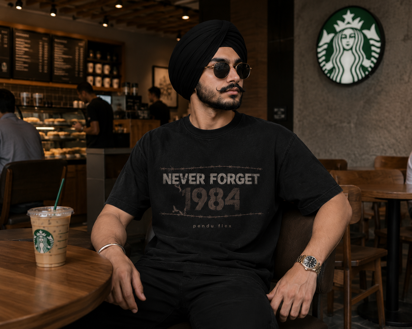 Never Forget 1984 T-Shirt - Lifestyle cafe shot